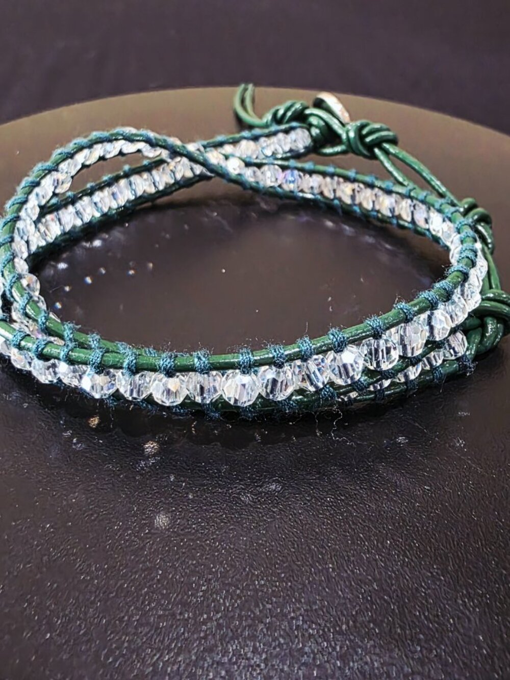 Designer Faceted Clear Crystal Bead Green Leather Adjustable Wrap Bracelet